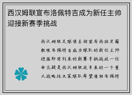西汉姆联宣布洛佩特吉成为新任主帅迎接新赛季挑战 西汉姆联宣布洛佩特吉成为新任主帅迎接新赛季挑战
