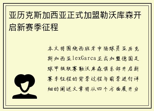 亚历克斯加西亚正式加盟勒沃库森开启新赛季征程
