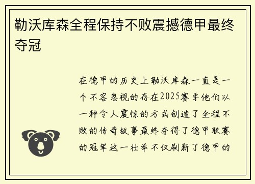 勒沃库森全程保持不败震撼德甲最终夺冠
